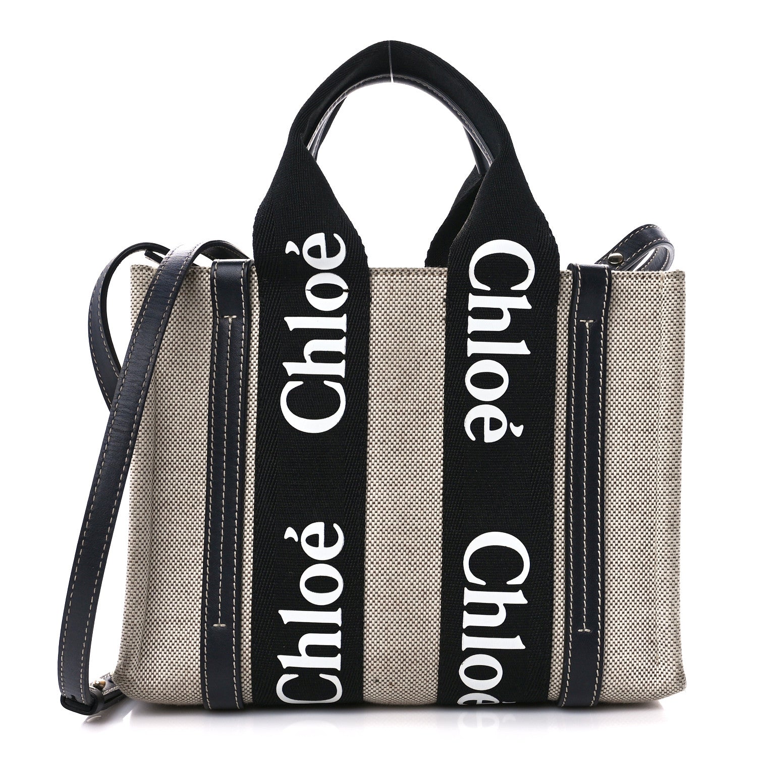 Chloe Cotton Calfskin Small Woody Ribbon Tote With Strap Black Blue 1 of 11