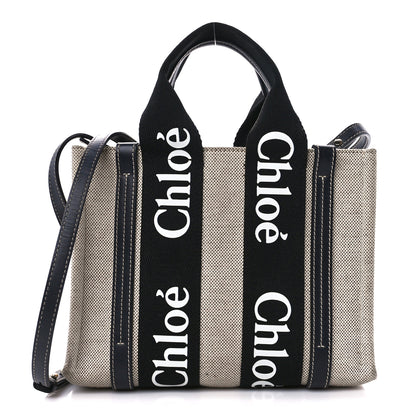 Chloe Cotton Calfskin Small Woody Ribbon Tote With Strap Black Blue 1 of 11