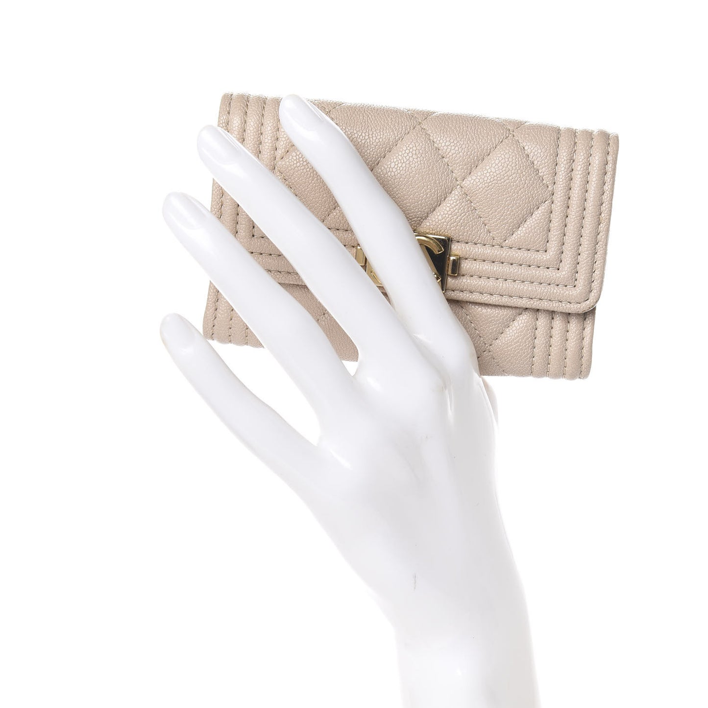Caviar Quilted Boy Flap Card Holder Wallet Beige