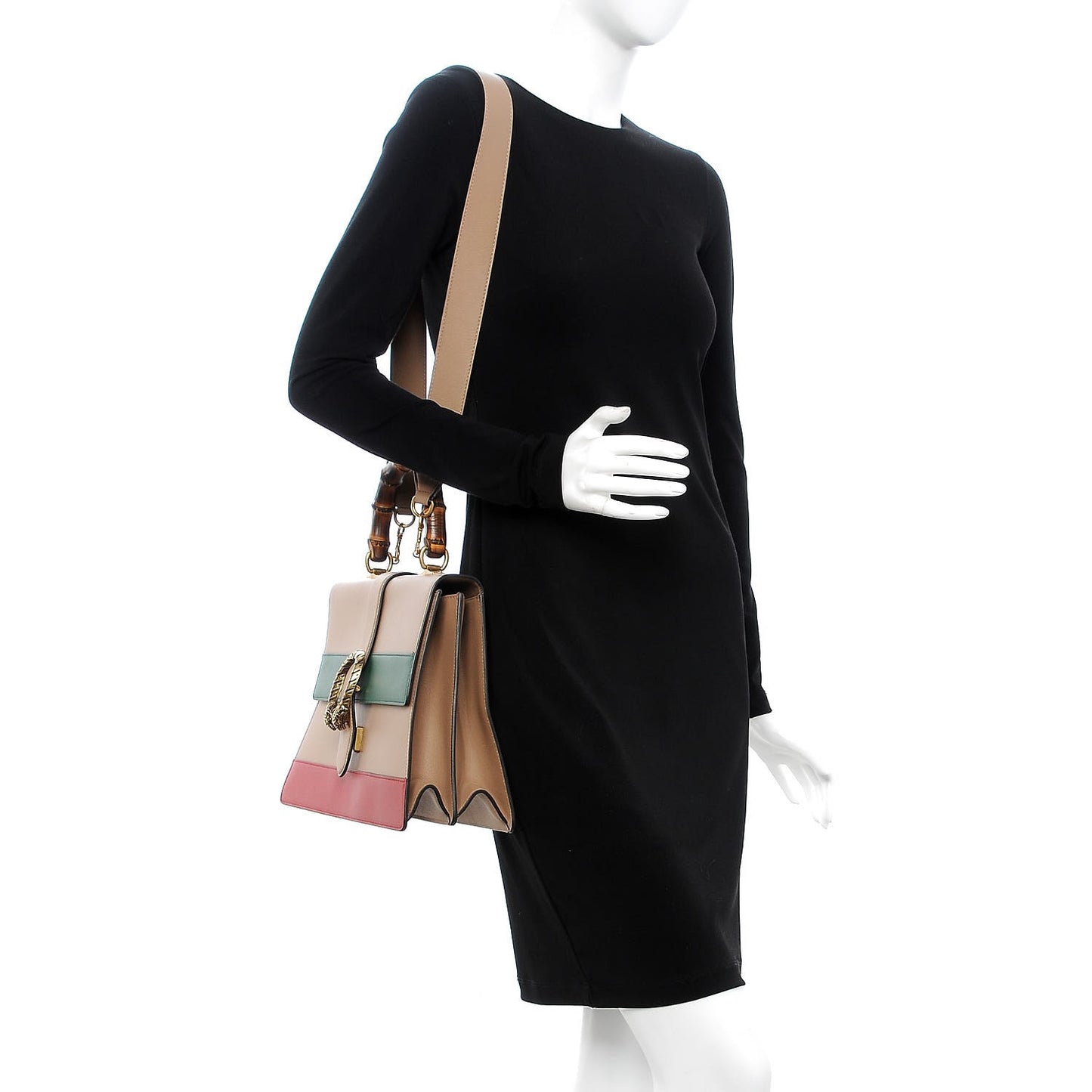 Moon Calfskin Web Large Dionysus Bamboo Top Handle Bag Camelia Bright Evergreen Hibiscus Red