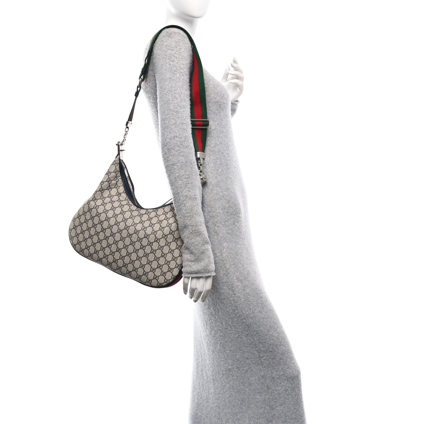 GG Supreme Monogram Textured Calfskin Web Large Attache Shoulder Bag Beige Blue