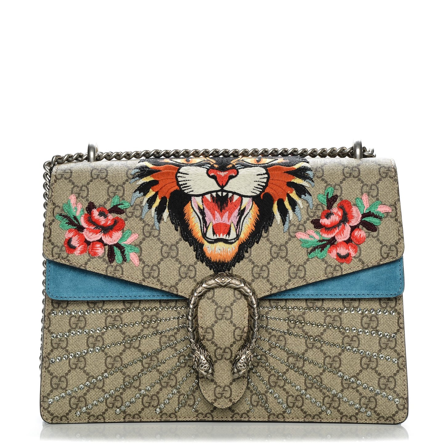 GG Supreme Monogram Angry Cat Embroidered Medium Dionysus Shoulder Bag Beige Ultramarine