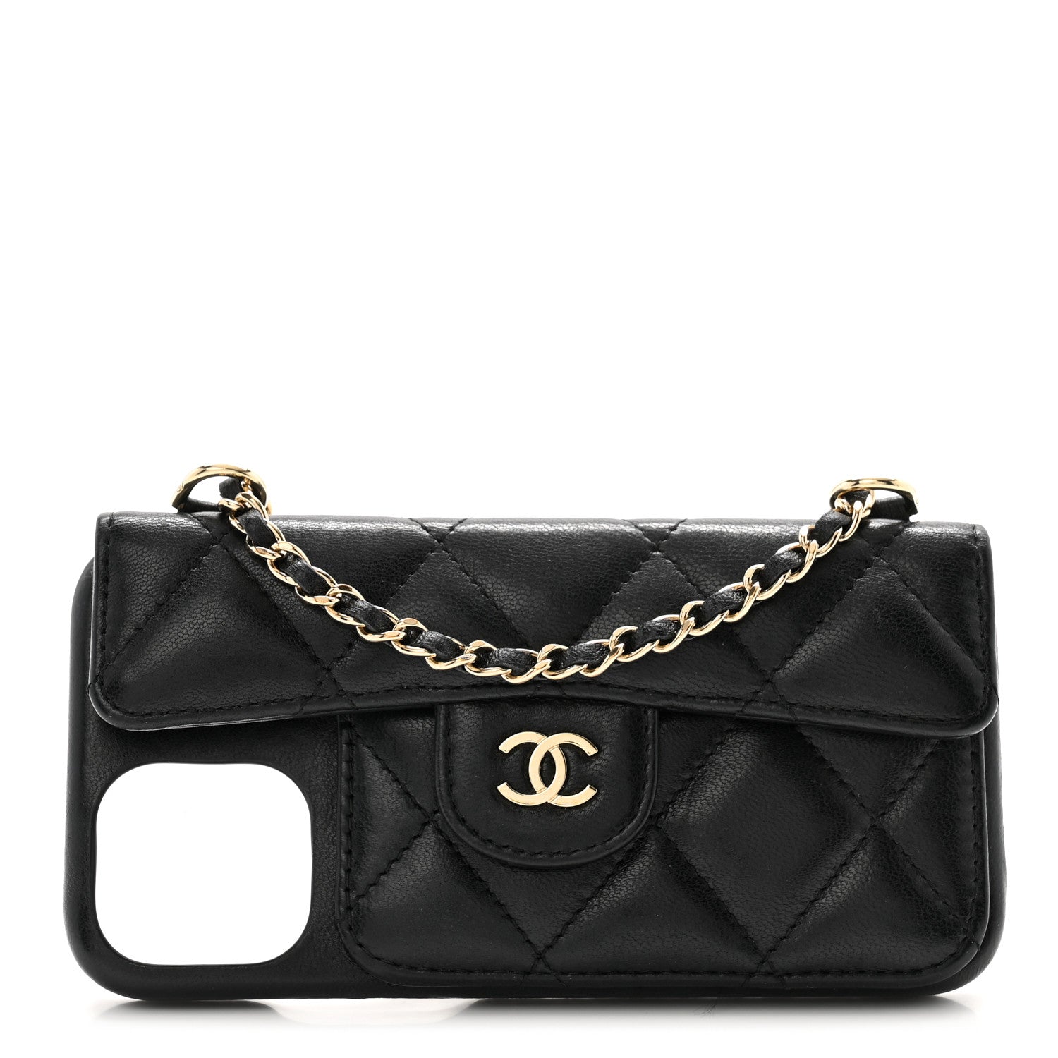Chanel Lambskin Quilted Pearl Crush iPhone XII Pro Holder With Chain Black 1 of 10