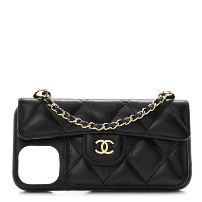 Chanel Lambskin Quilted Pearl Crush iPhone XII Pro Holder With Chain Black 1 of 10