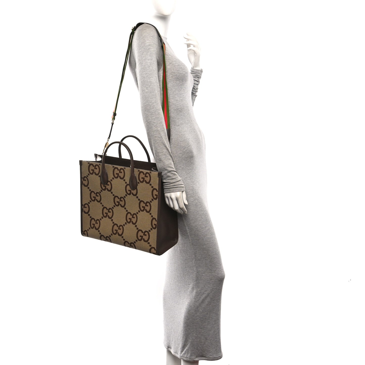 Monogram Jumbo GG Textured Dollar Calfskin Web Tote Bag Camel Ebony New Acero