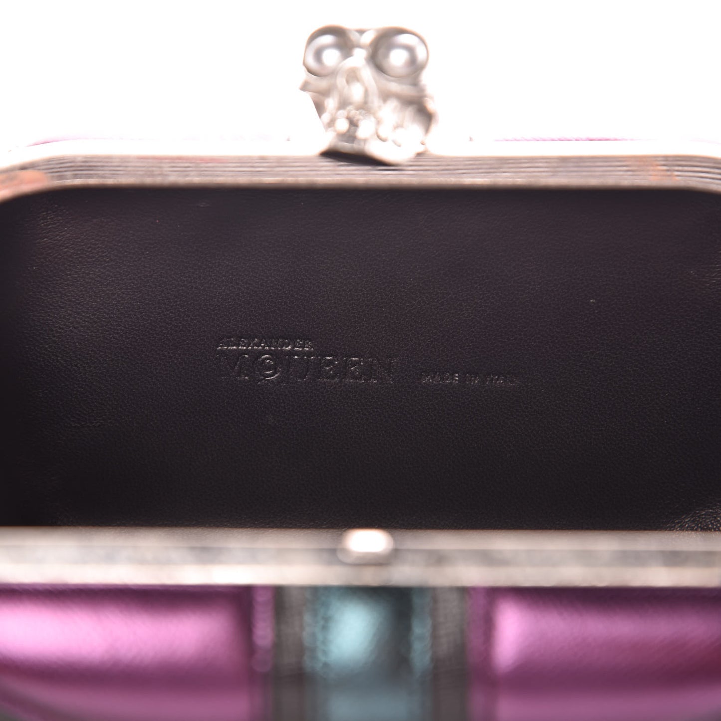 Metallic Saffiano Britannia Skull Box Clutch Green Black Purple