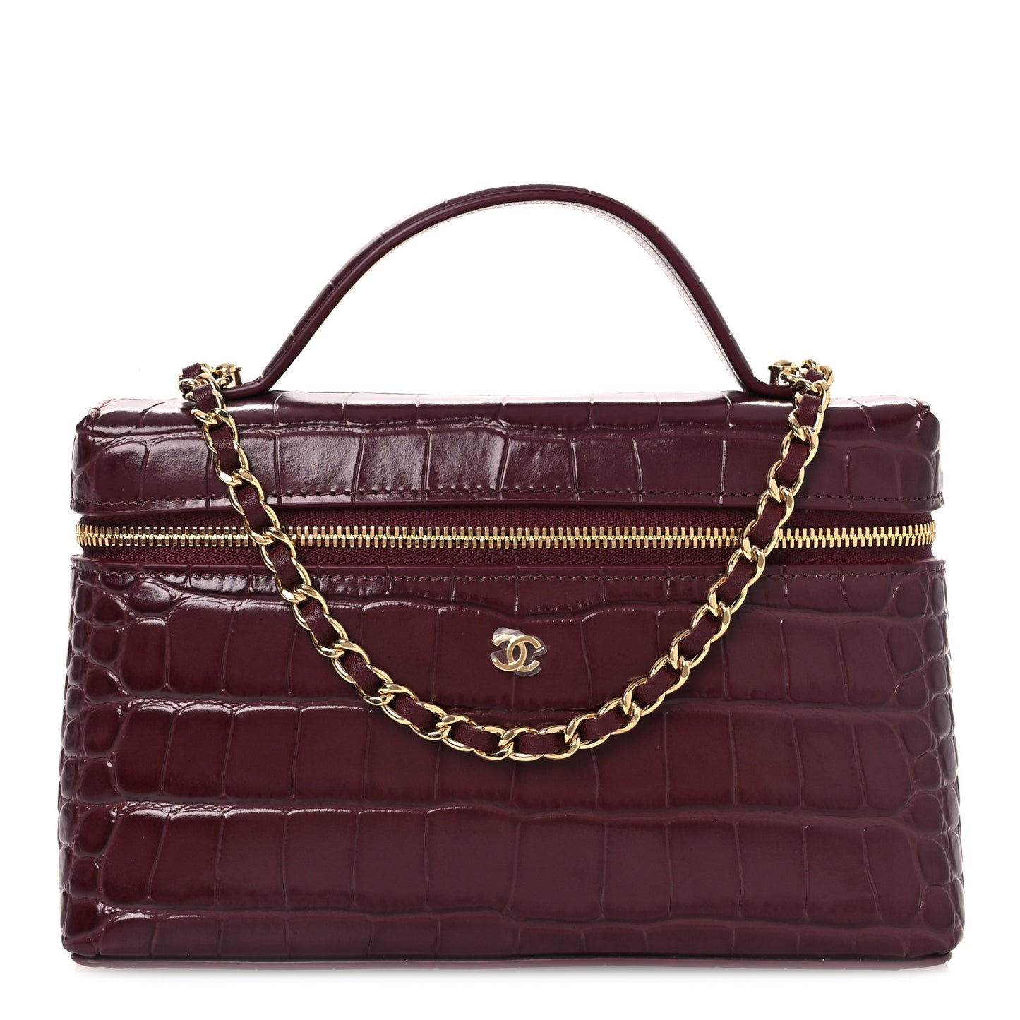 Calfskin Crocodile Embossed Crococo Top Handle Slim Vanity Case With Chain Dark Burgundy