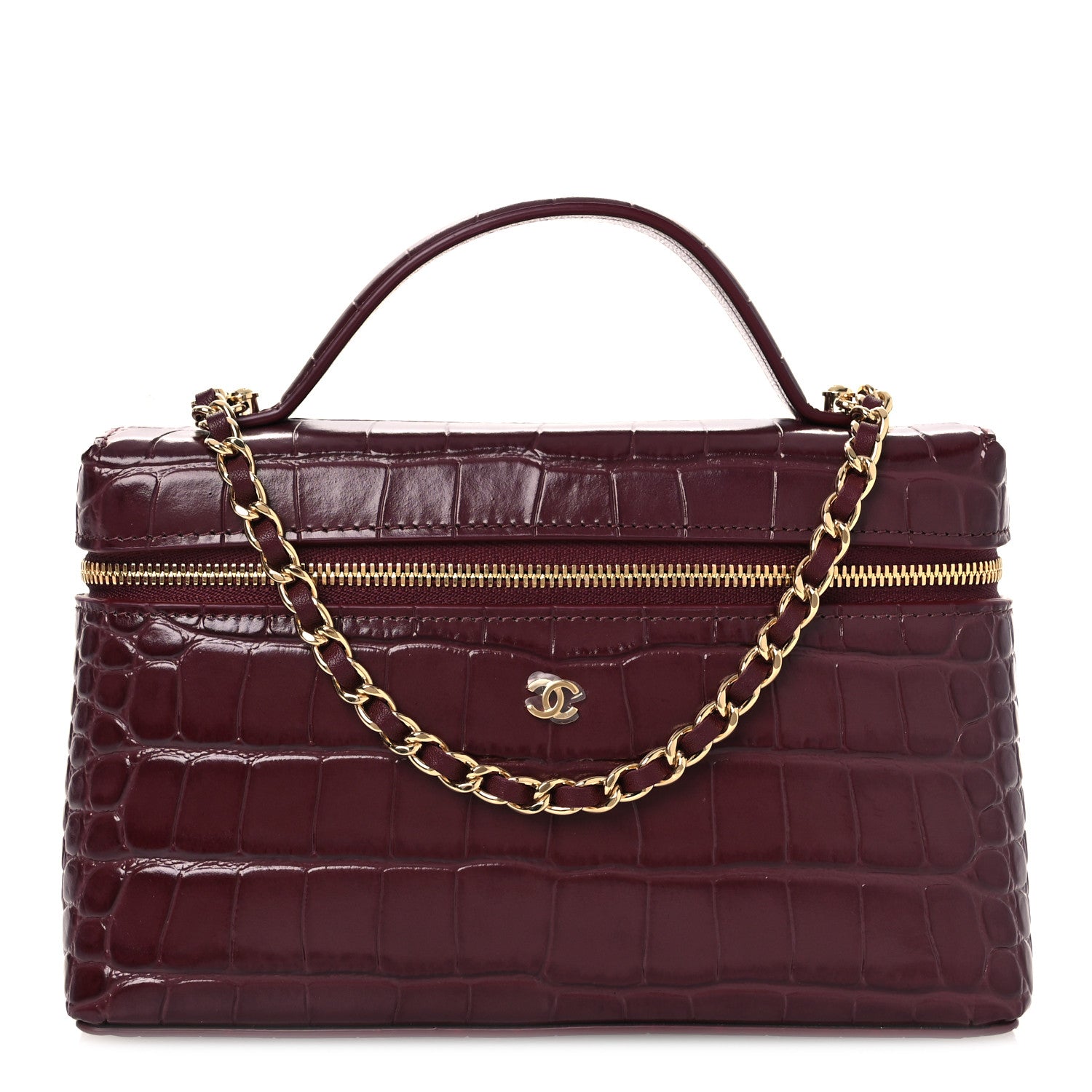 Chanel Calfskin Crocodile Embossed Crococo Top Handle Slim Vanity Case With Chain Dark Burgundy 1 of 12