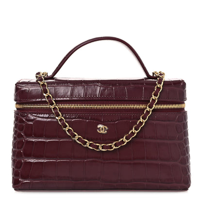 Chanel Calfskin Crocodile Embossed Crococo Top Handle Slim Vanity Case With Chain Dark Burgundy 1 of 12