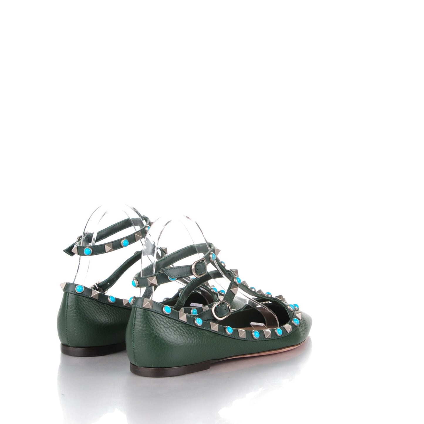 Pebbled Calfskin Rockstud Rolling Cage Ballerina Flats 36.5 Dark Green