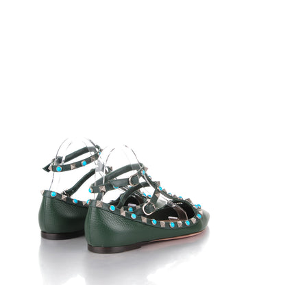 Valentino Garavani Pebbled Calfskin Rockstud Rolling Cage Ballerina Flats 36.5 Dark Green 4 of 7