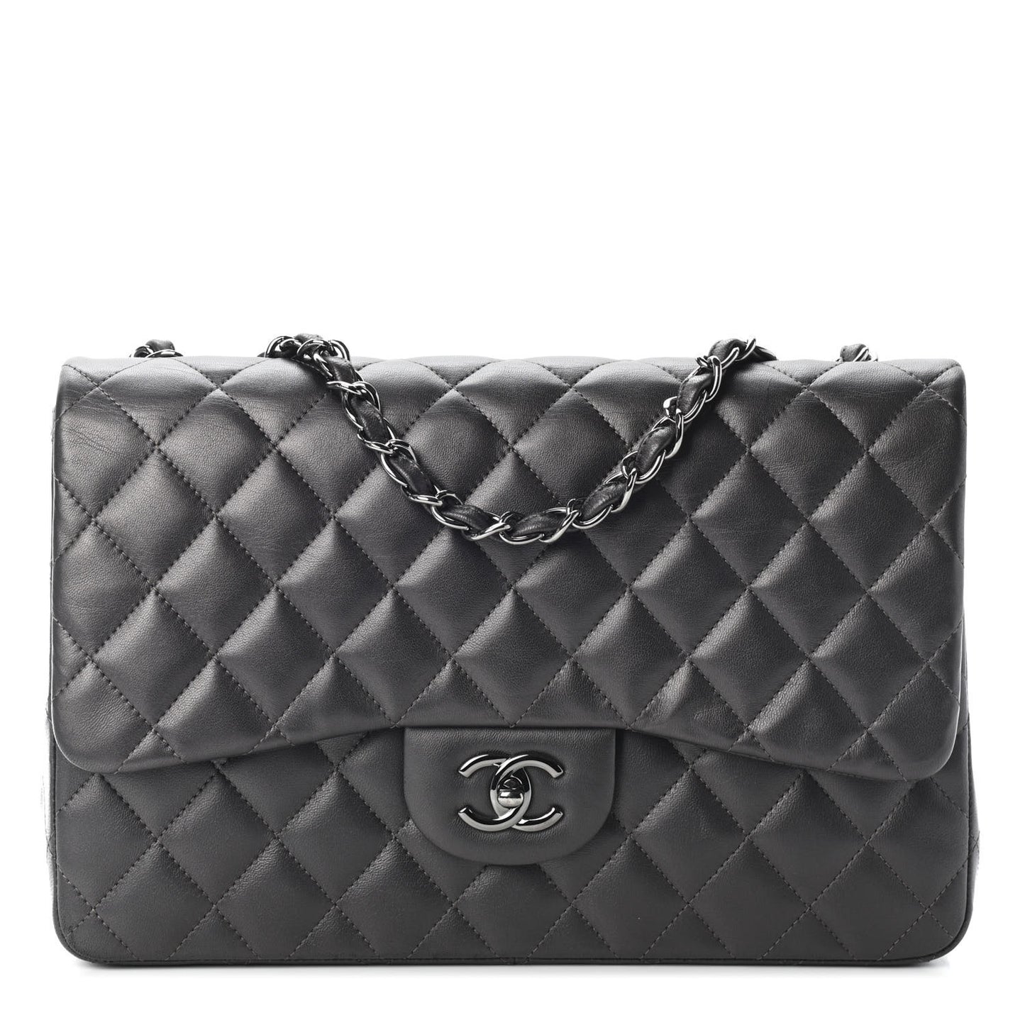 Metallic Lambskin Quilted Jumbo Single Flap Dark Grey