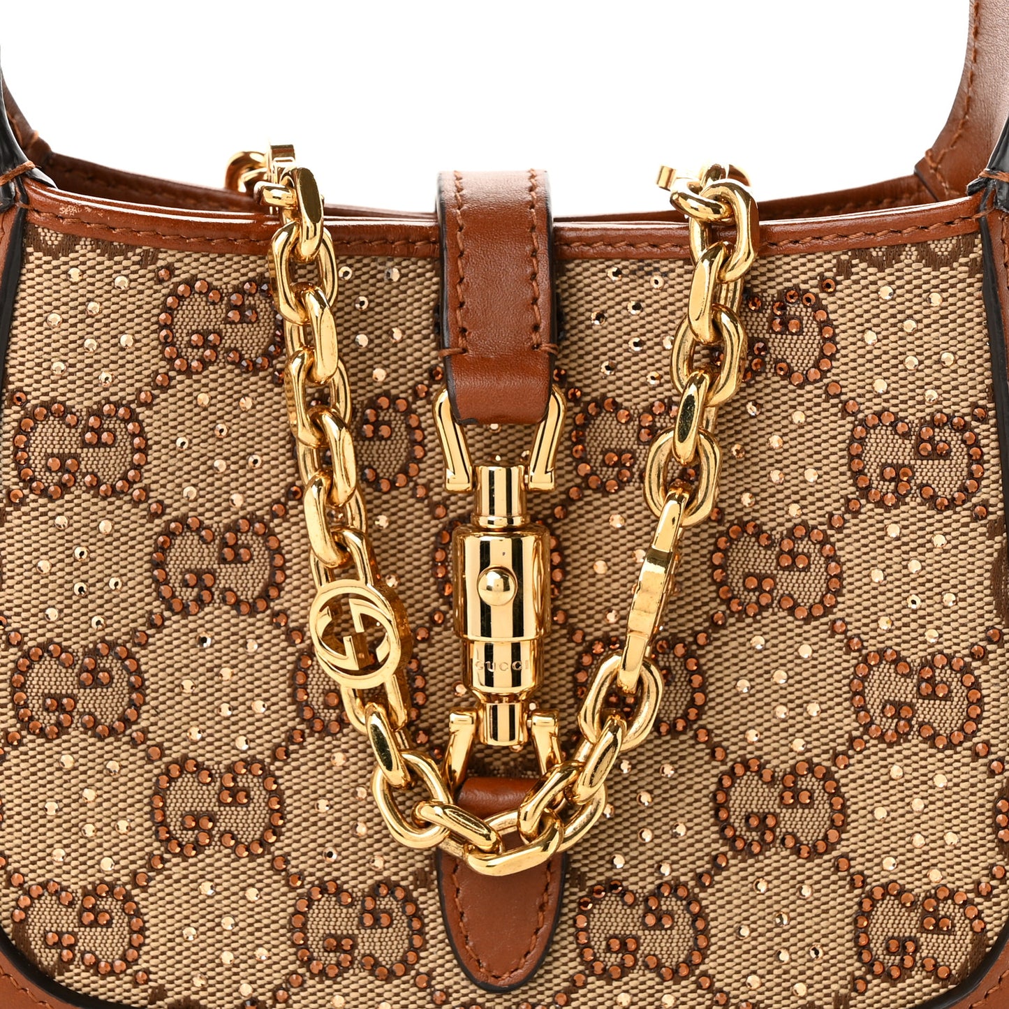 New Canvas Charisma Calfskin Crystal GG Monogram Mini Jackie 1961 Hobo Camel Ebony