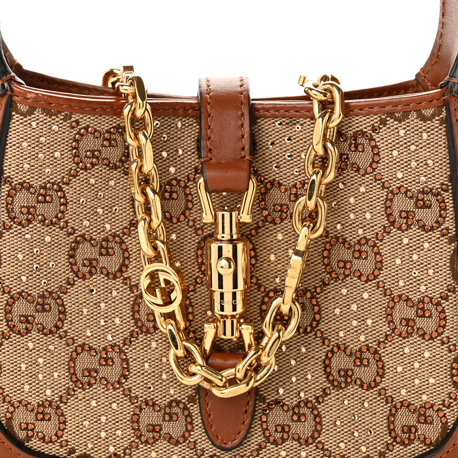 Gucci New Canvas Charisma Calfskin Crystal GG Monogram Mini Jackie 1961 Hobo Camel Ebony 8 of 10