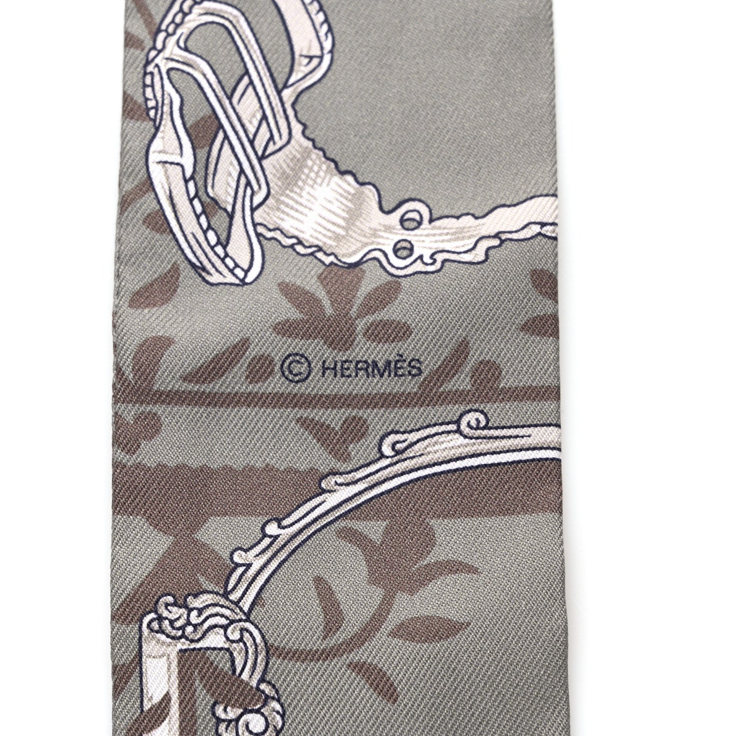 Hermes Silk Etriers Remix Twilly Sauge Marron Argent 3 of 5