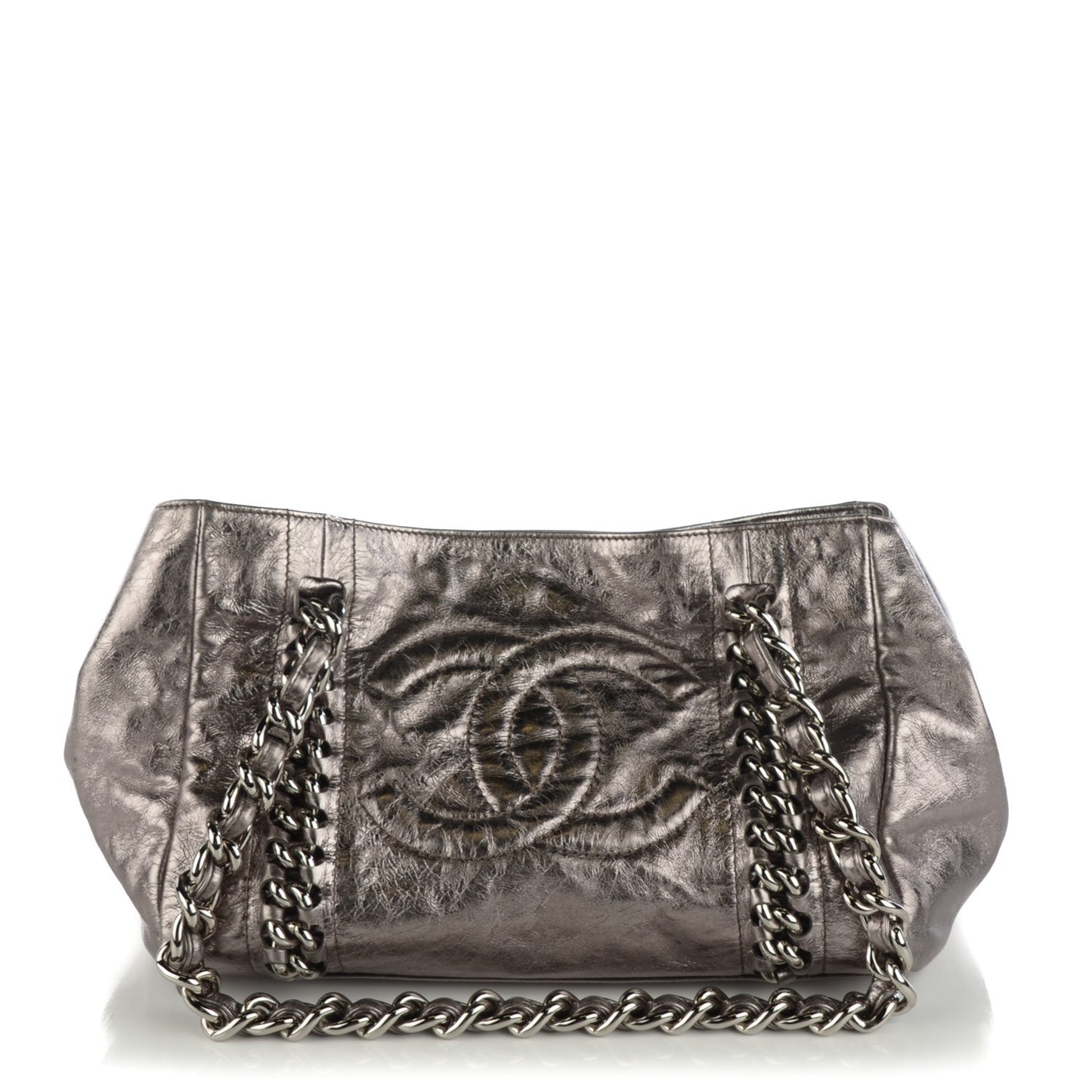 Metallic Crackled Calfskin Small Modern Chain Tote Dark Grey