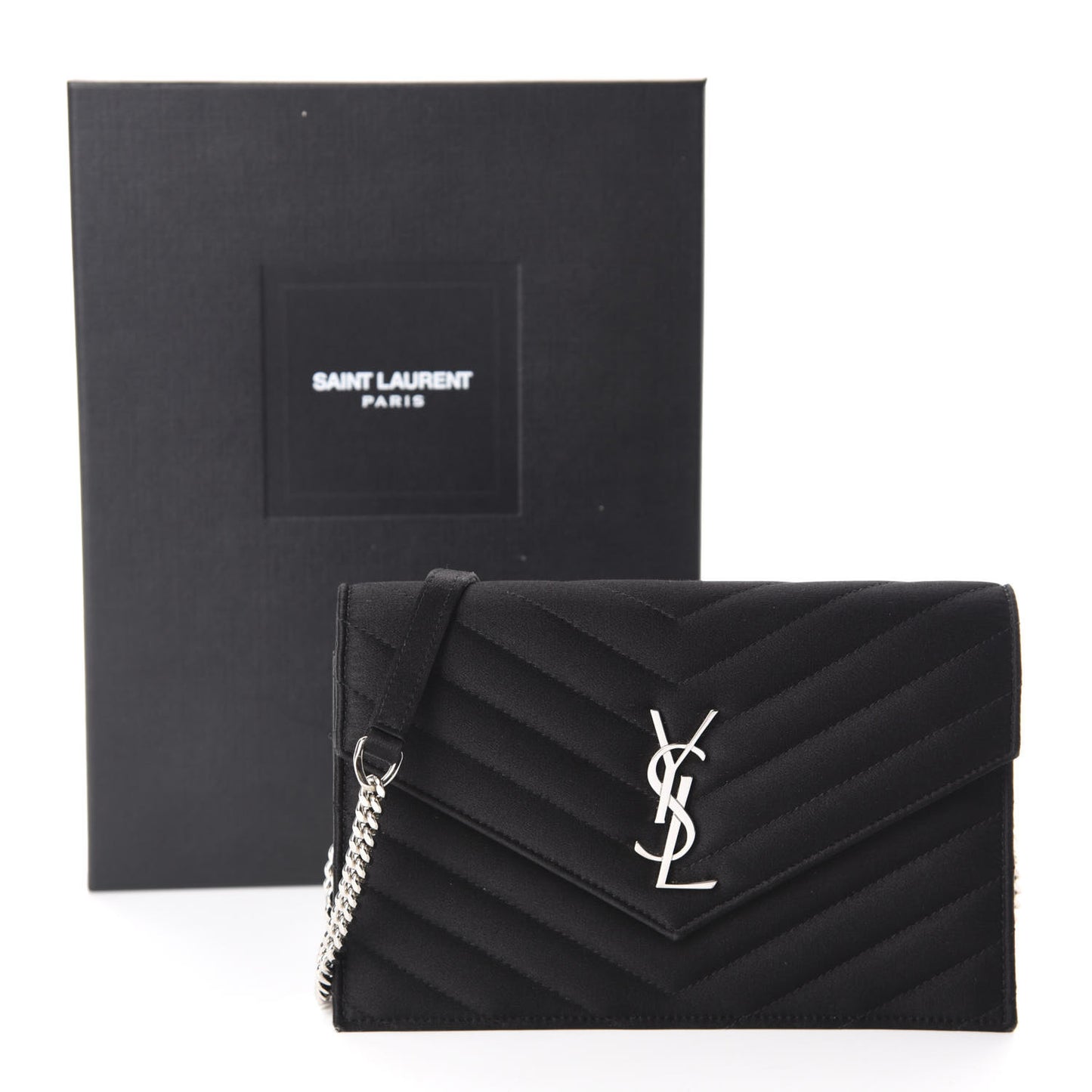 Satin Chevron Monogram Envelope Chain Wallet Black