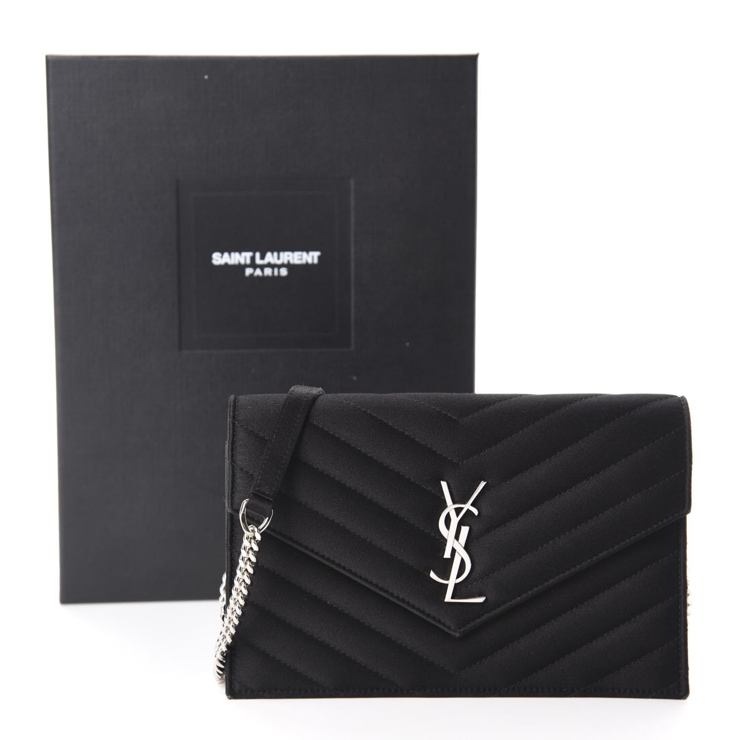 Saint Laurent Satin Chevron Monogram Envelope Chain Wallet Black 13 of 13