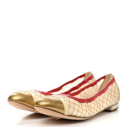 Chanel Lambskin Mesh Quilted CC Cap Toe Ballerina Flats 39.5 White Gold Red 3 of 7