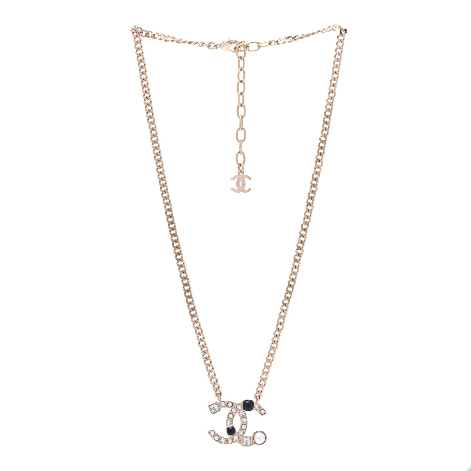 Chanel Crystal Pearl Resin CC Chain Necklace Gold Pearly White Black 3 of 6