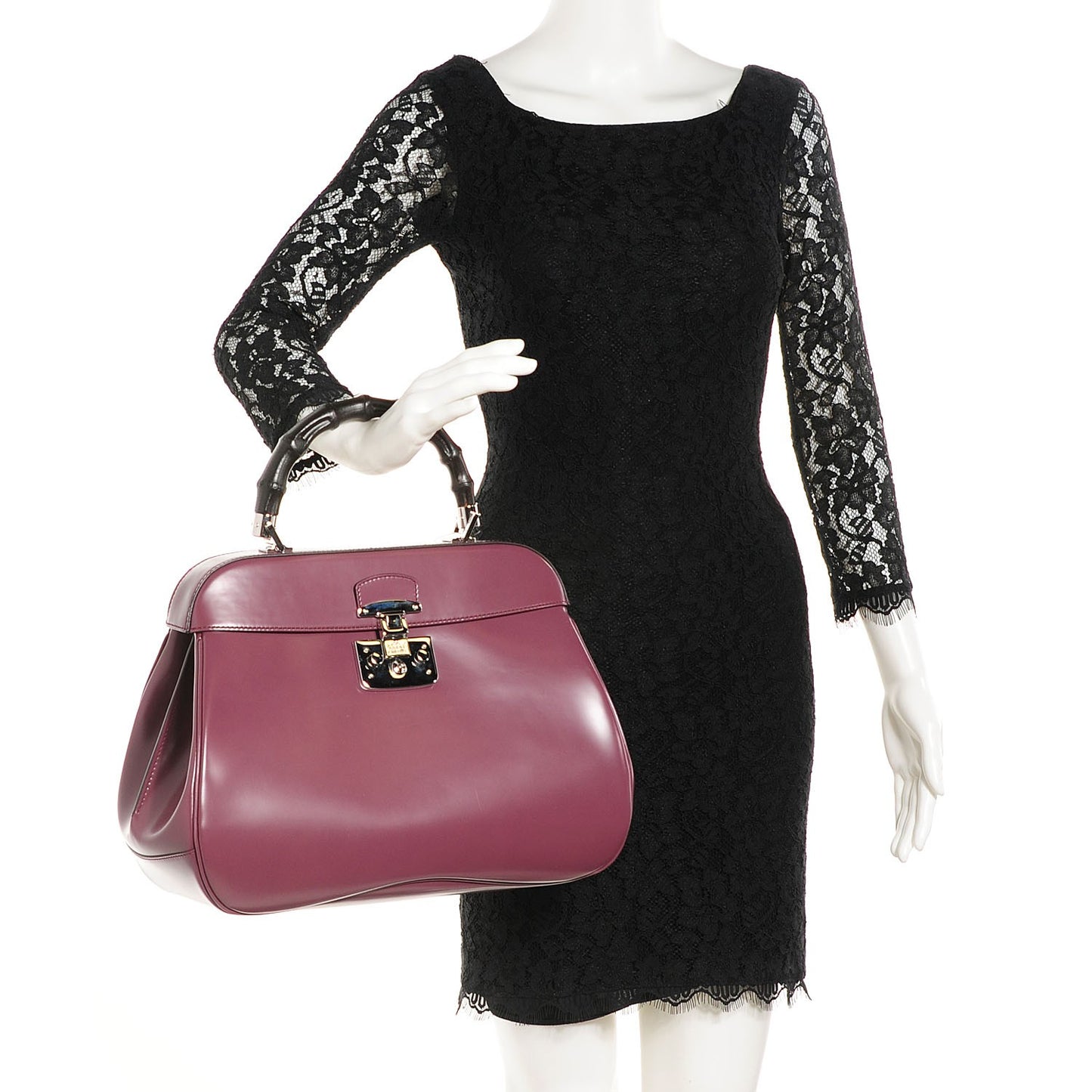 Regent Calfskin Bamboo Large Lady Lock Top Handle Bag Red Orchid