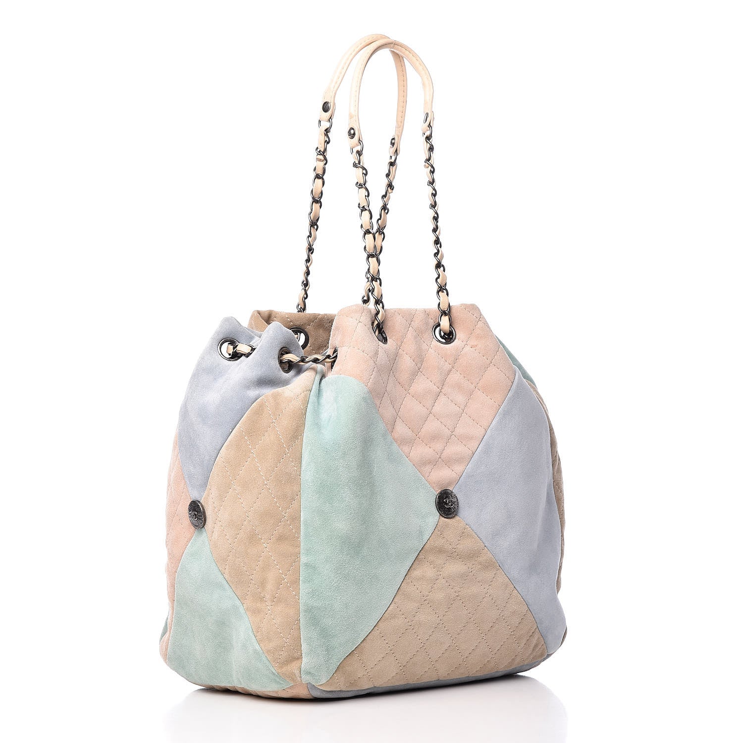 Chanel Suede Quilted Patchwork Drawstring Bag Blue Green Pink Beige 3 of 11