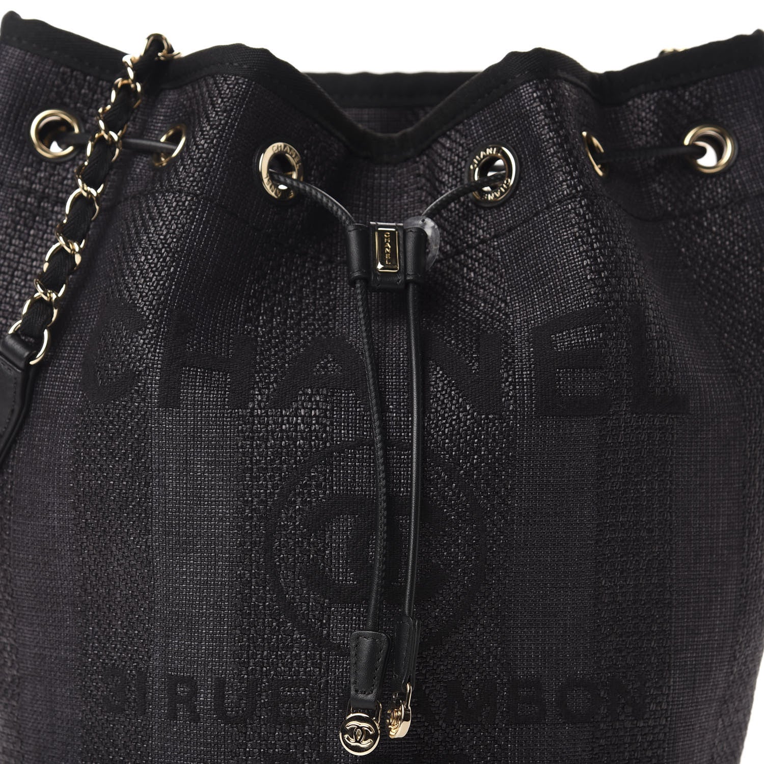 Chanel Mixed Fibers Stripe Deauville Drawstring Bag Black 10 of 11