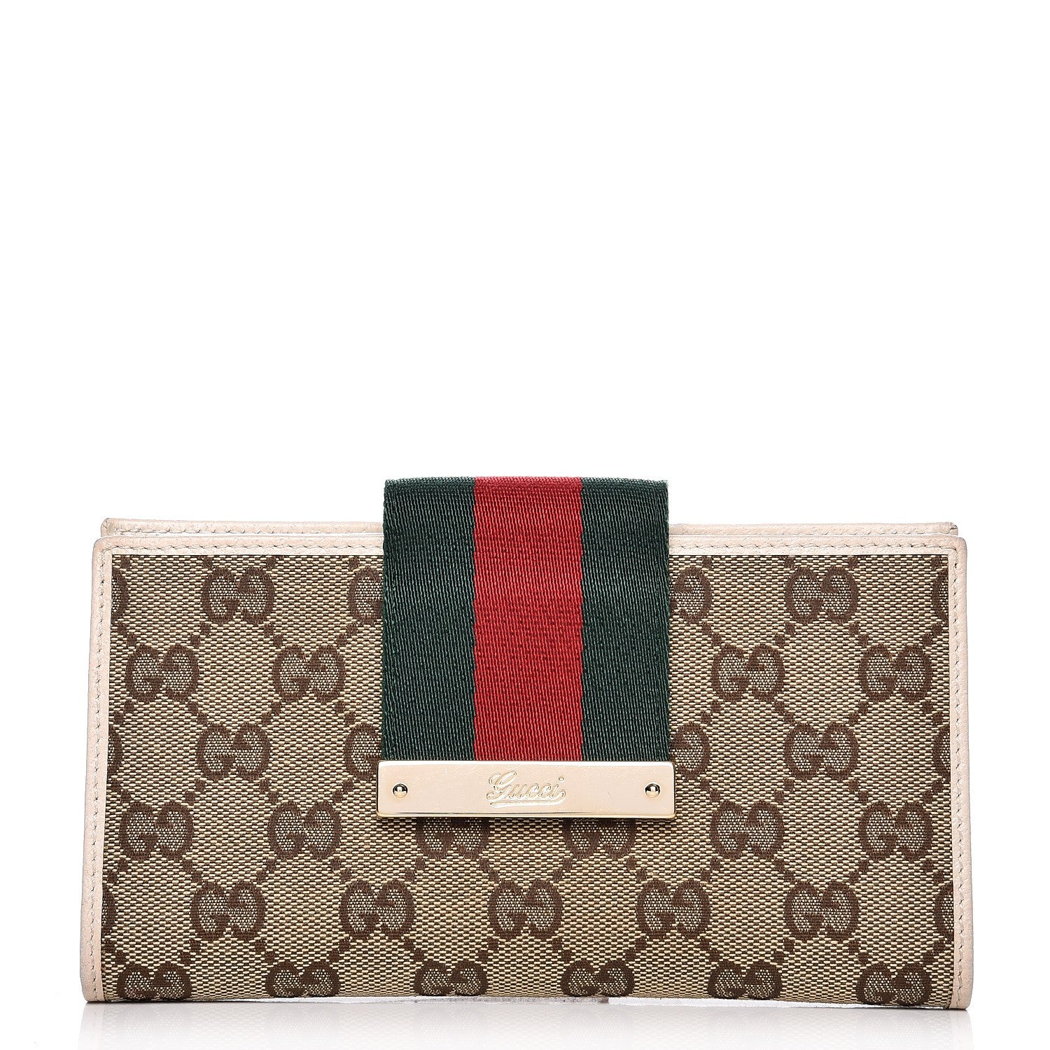 Gucci Monogram Calfskin Ladies Web Long Wallet Beige Ebony Off White 1 of 9