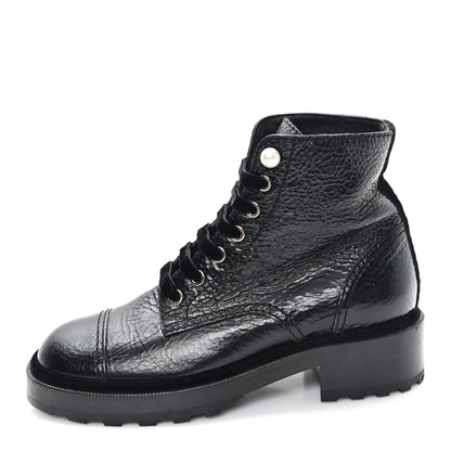 Chanel Shiny Calfskin Velvet Pearl Combat Short Boots 37.5 Black 1 of 9