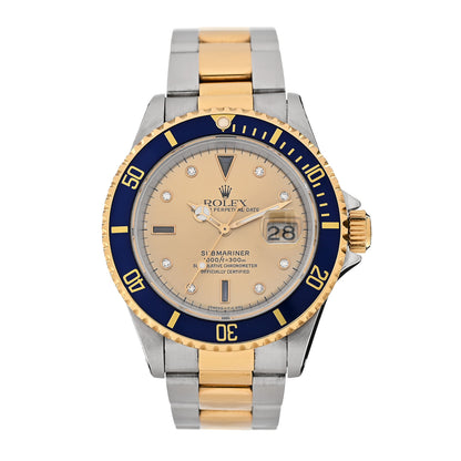 Rolex Stainless Steel 18K Yellow Gold Diamond Blue Sapphire 40mm Submariner Date Watch Champagne 16613 1 of 5