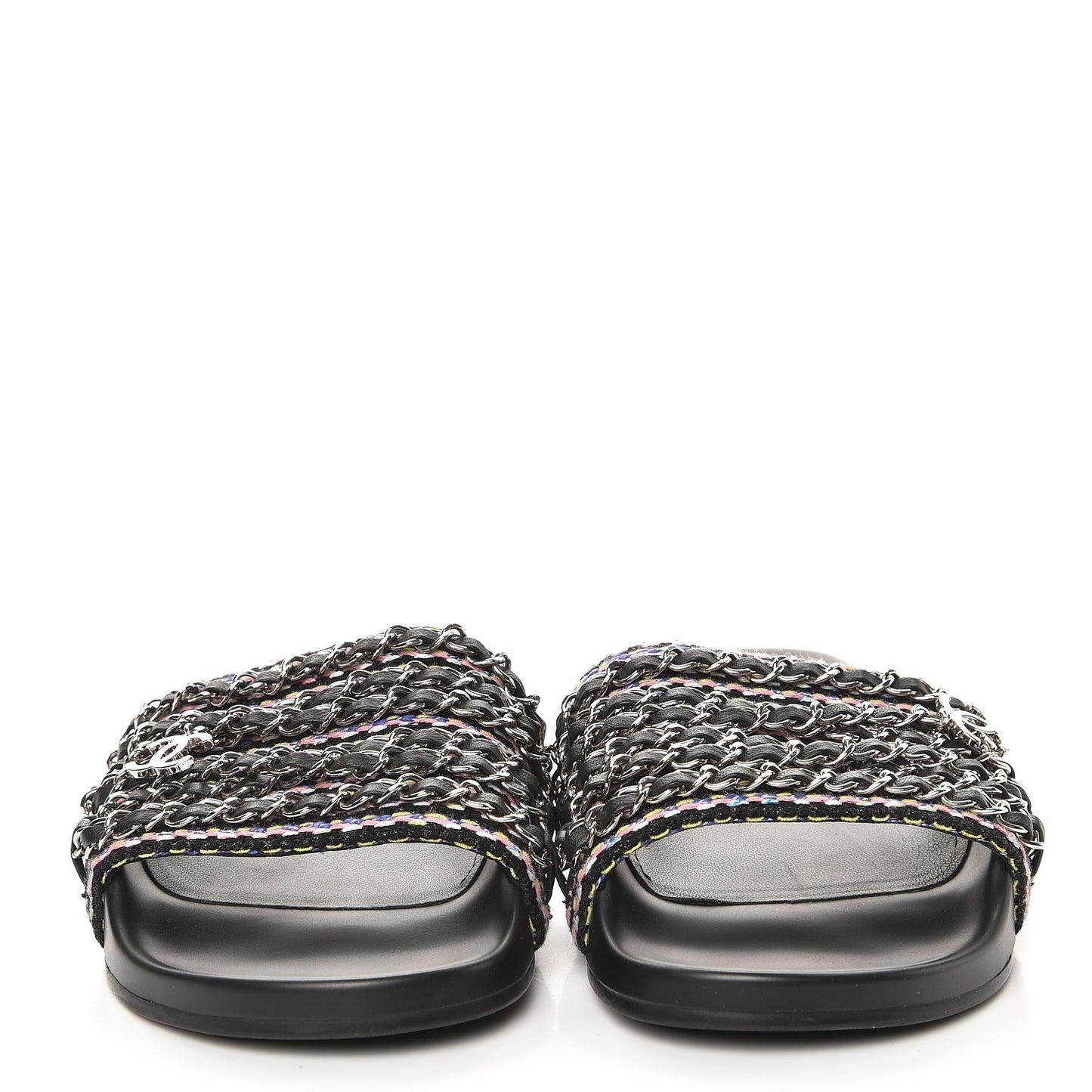 Tweed Lambskin Chain Flat Sandals 38 Black Multicolor