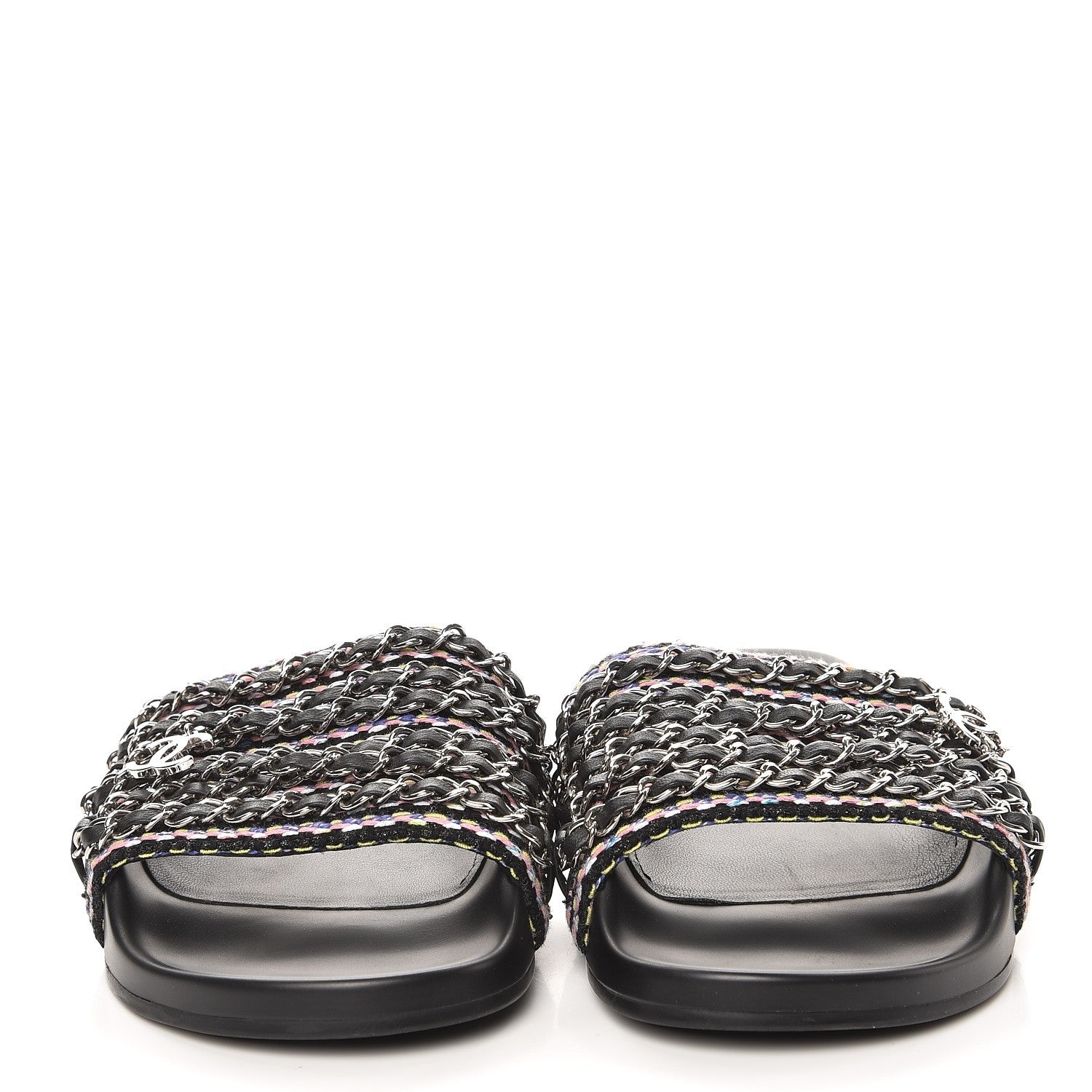 Chanel Tweed Lambskin Chain Flat Sandals 38 Black Multicolor 3 of 8