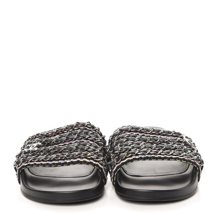 Chanel Tweed Lambskin Chain Flat Sandals 38 Black Multicolor 3 of 8