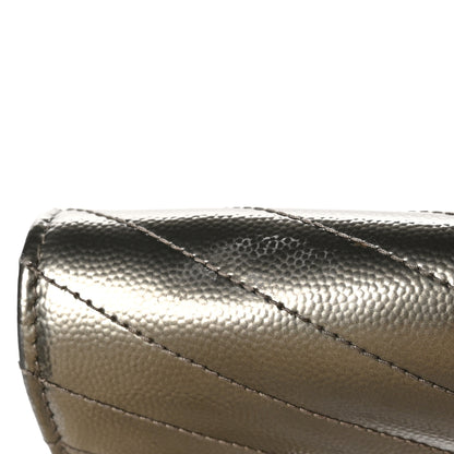 Saint Laurent Metallic Grain De Poudre Matelasse Chevron Monogram Envelope Chain Wallet Piombo 13 of 13