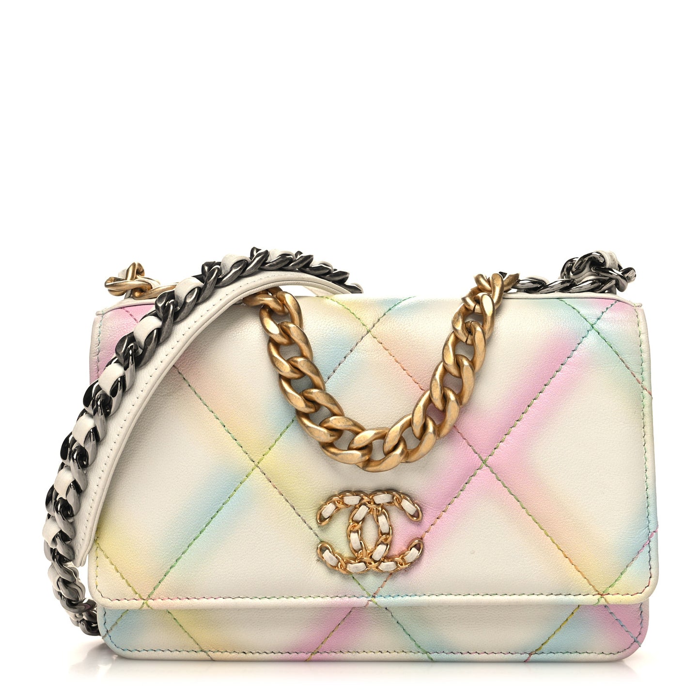 Printed Goatskin Quilted Chanel 19 Wallet On Chain WOC White Multicolor