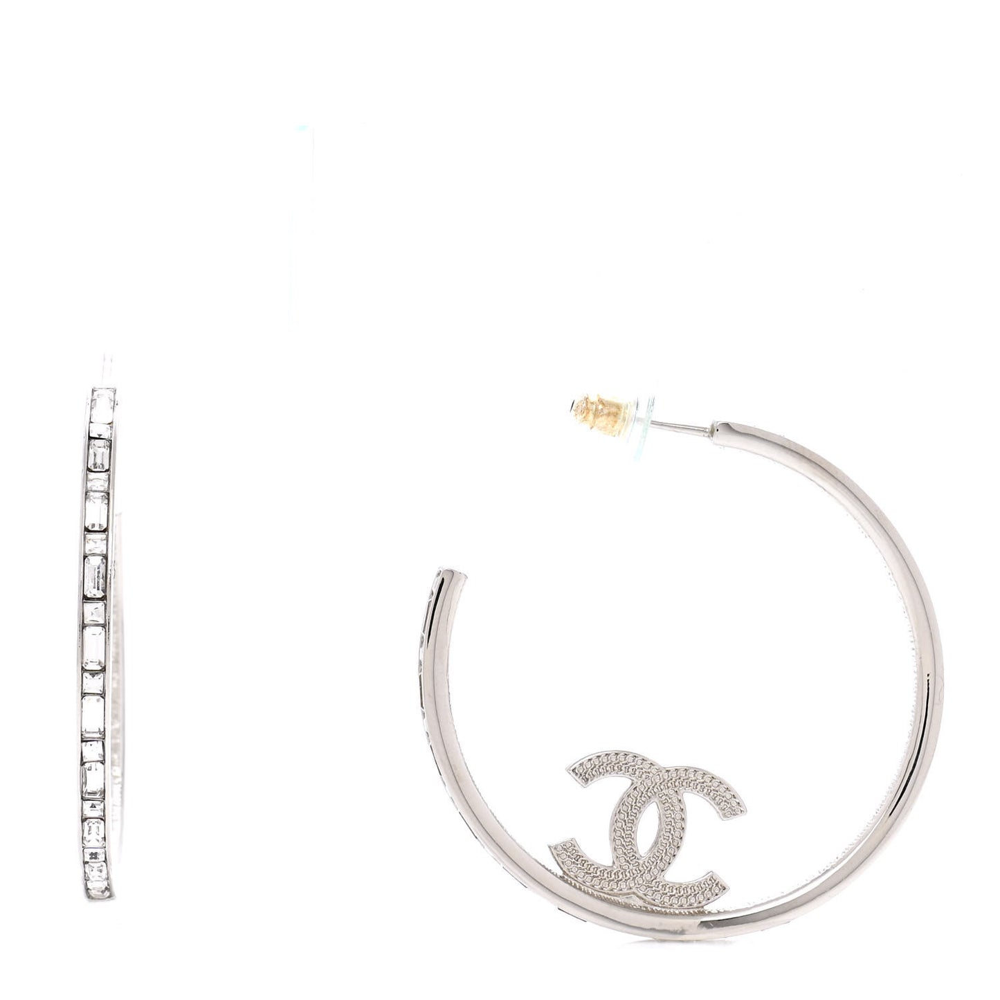 Metal Crystal Baguette CC Large Hoop Earrings Silver