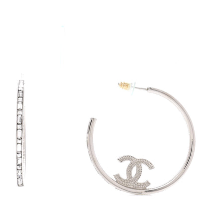 Chanel Metal Crystal Baguette CC Large Hoop Earrings Silver 1 of 4