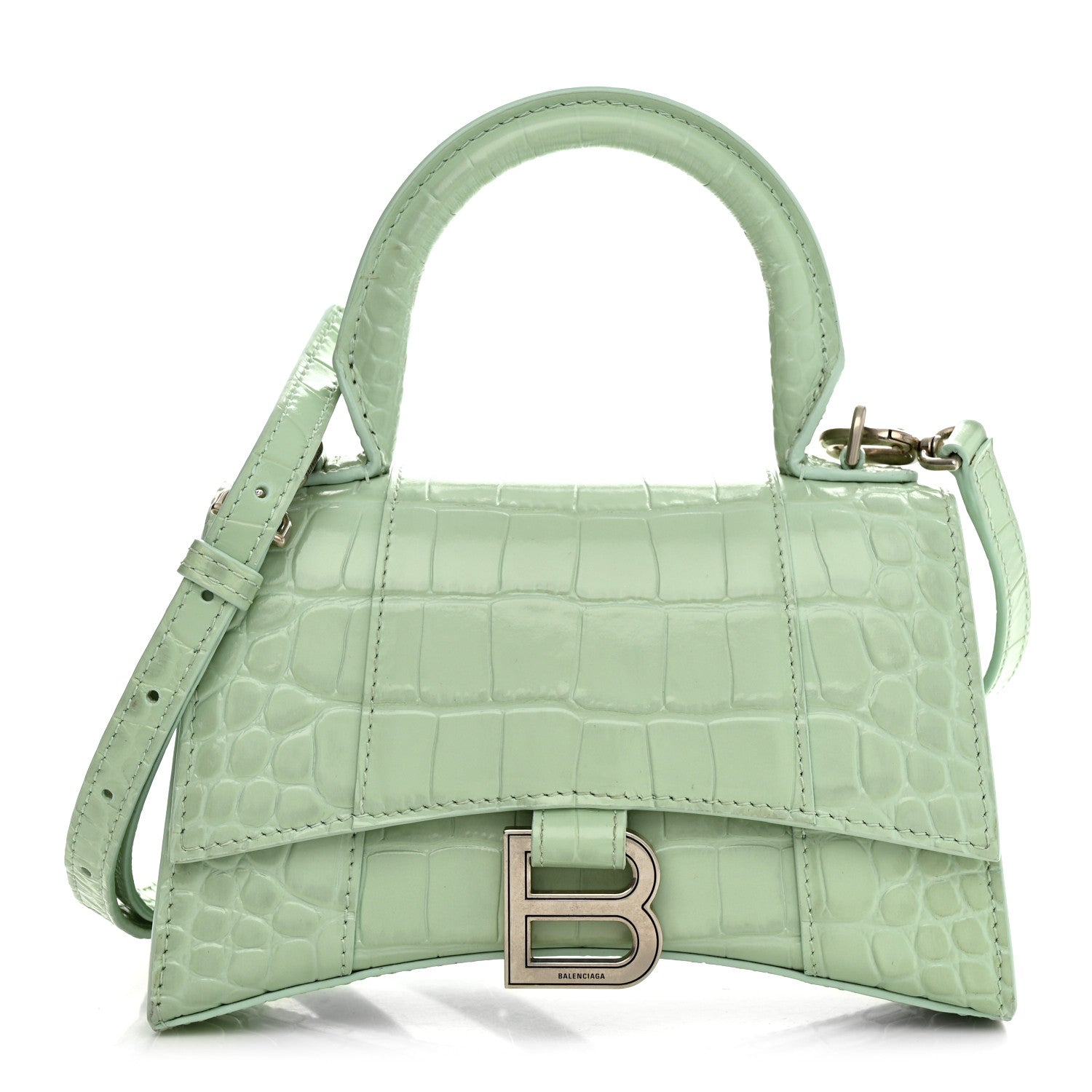 Balenciaga Shiny Calfskin Crocodile Embossed Hourglass Top Handle Bag XS Light Green 1 of 12