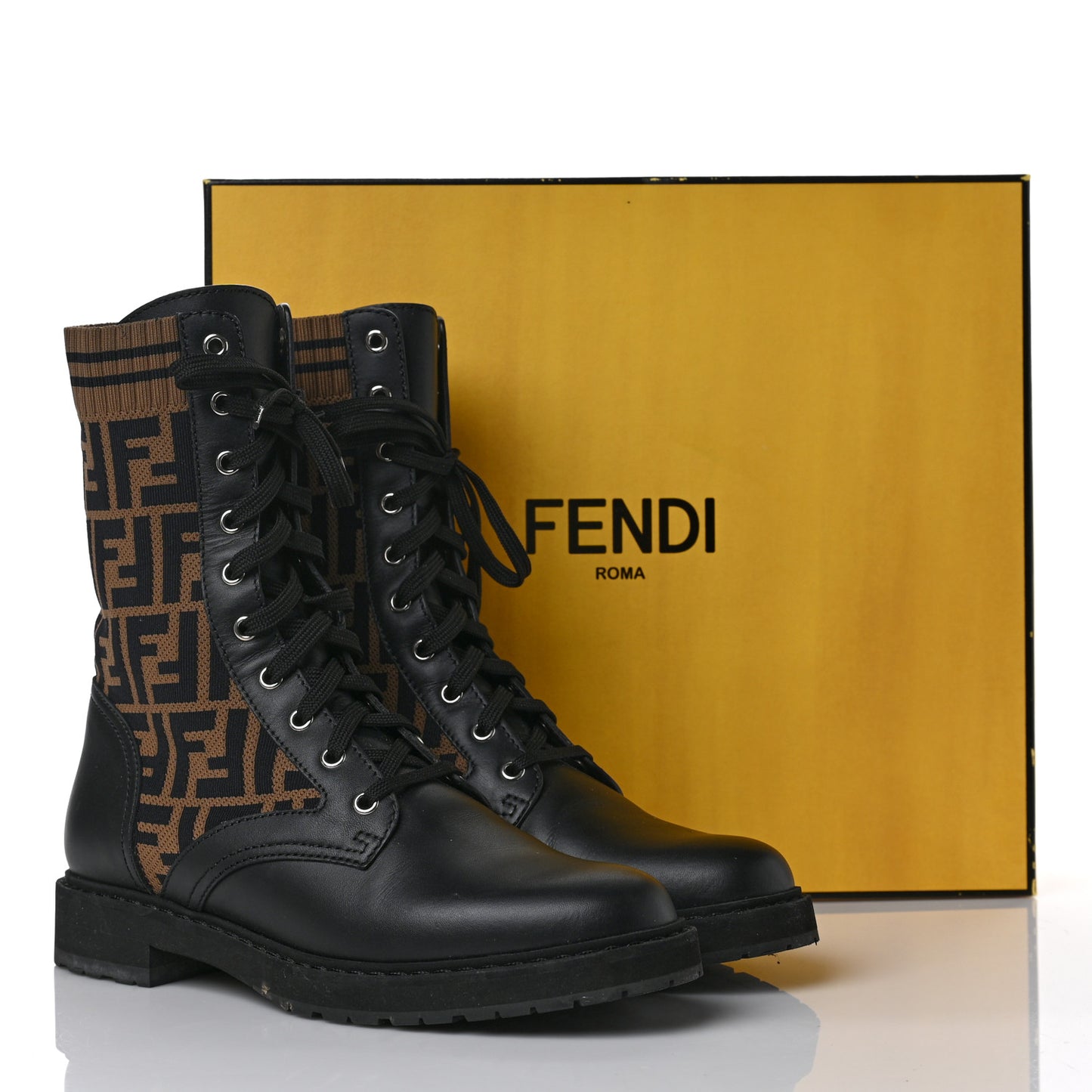 Calfskin Stretch Fabric FF Rockoko Biker Boots 40 Black Tobacco