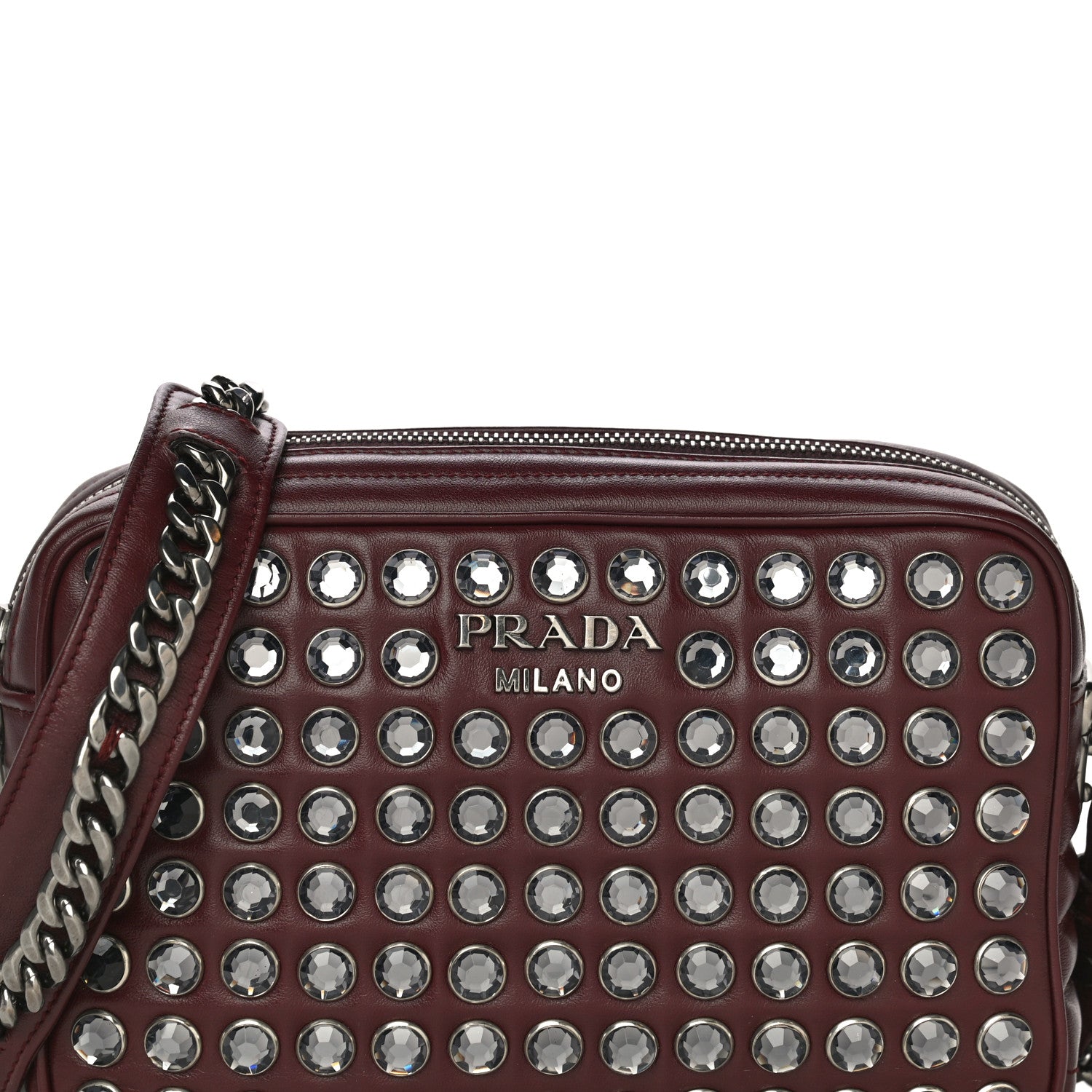 Prada Soft Calfskin Crystal Impunture Camera Bag Granato 7 of 13
