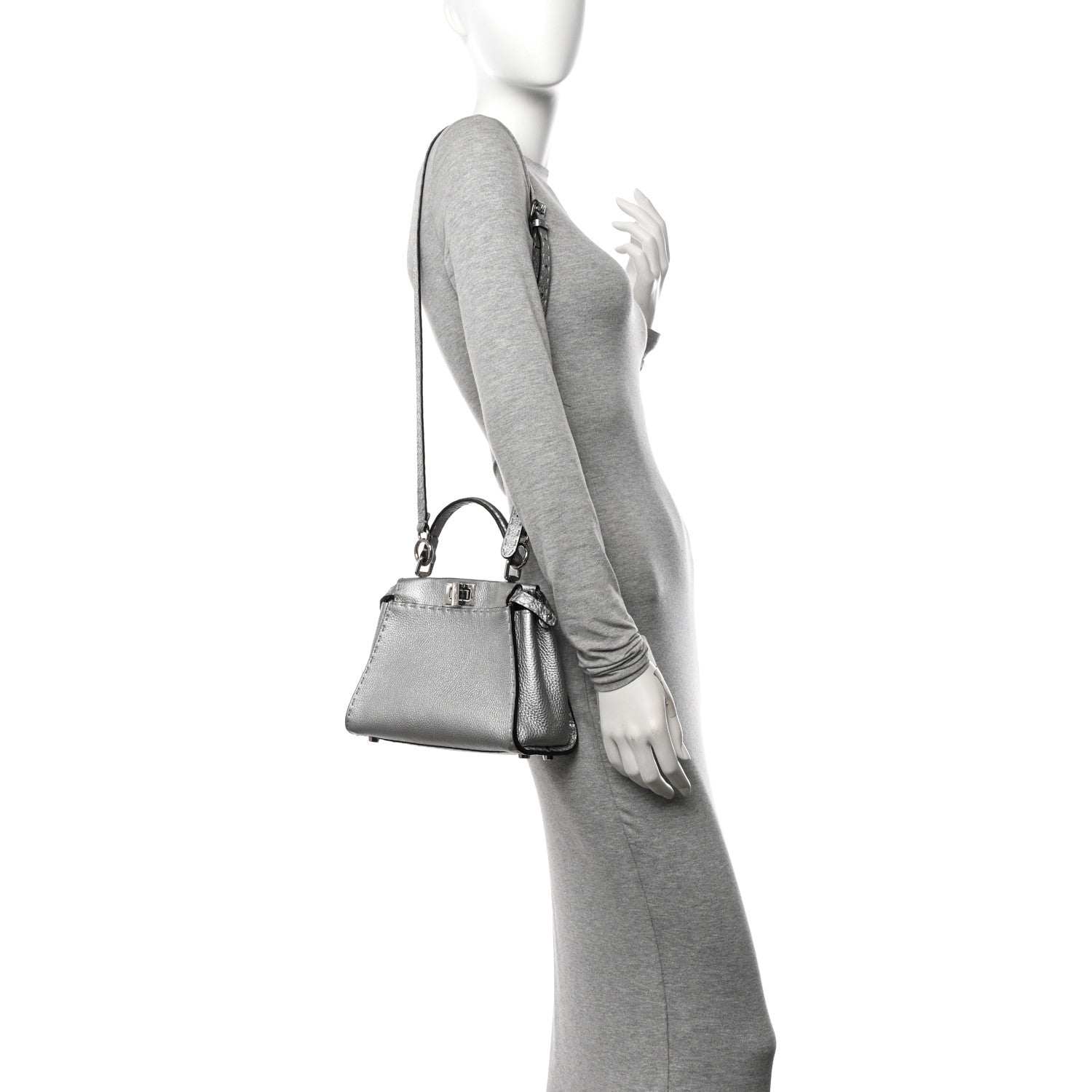 Fendi Cuoio Romano Lux Selleria Mini Peekaboo Iconic Satchel Argento 2 of 10