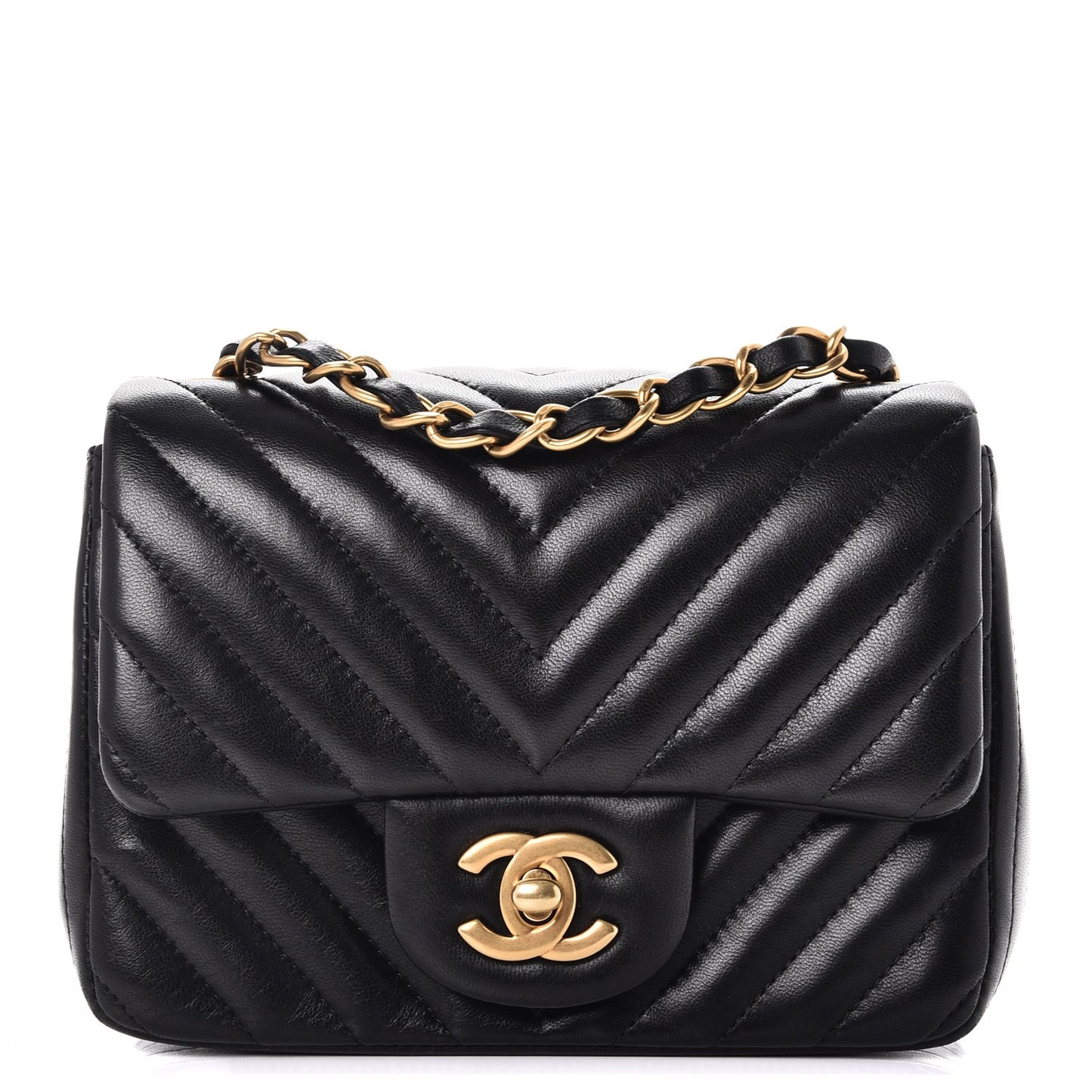 Lambskin Chevron Quilted Mini Square Flap Black