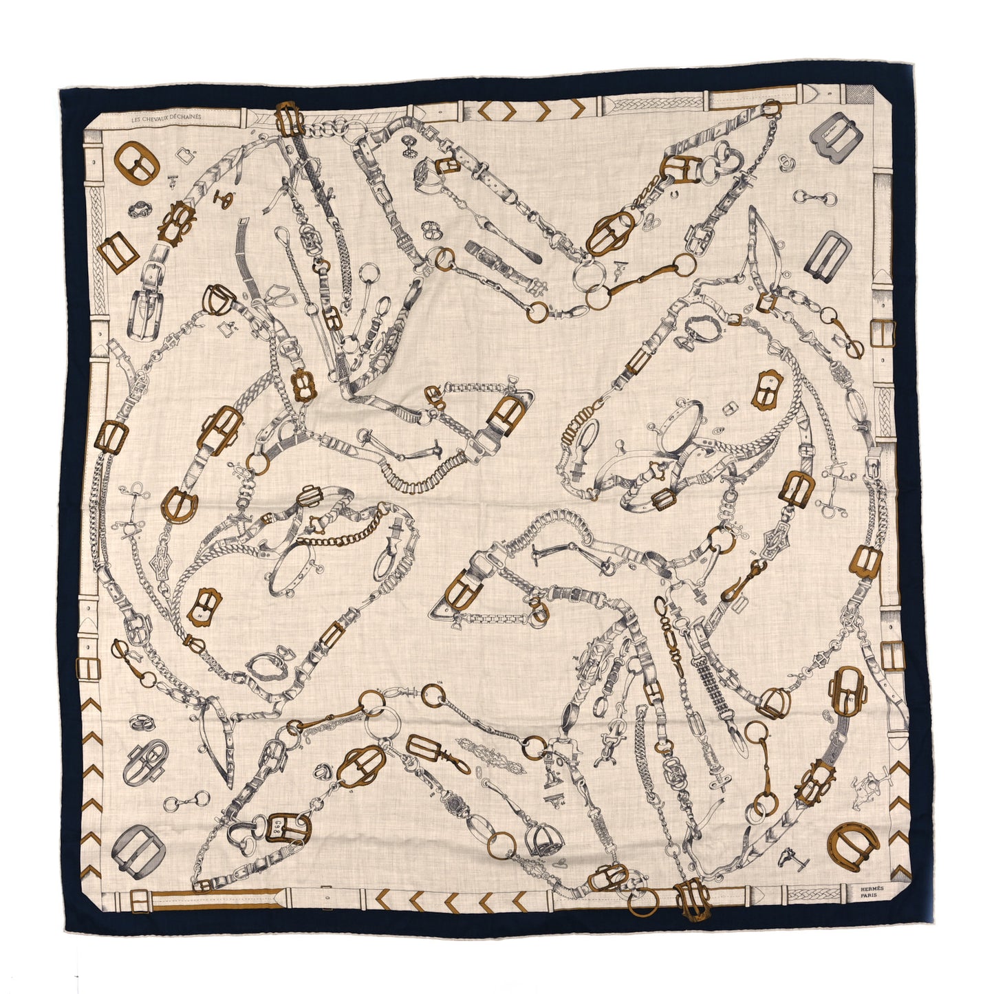 Cashmere Silk Chevaux Dechaines Shawl 140 Marine Naturel Gris