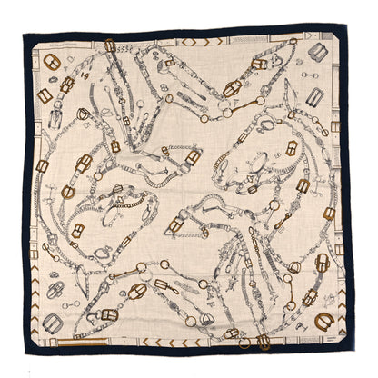 Hermes Cashmere Silk Chevaux Dechaines Shawl 140 Marine Naturel Gris 1 of 4