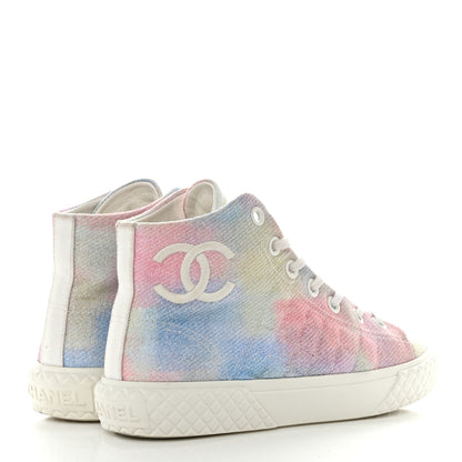 Chanel Printed Fabric Quilted High Top Sneakers 35 Green Pink Blue White 4 of 9