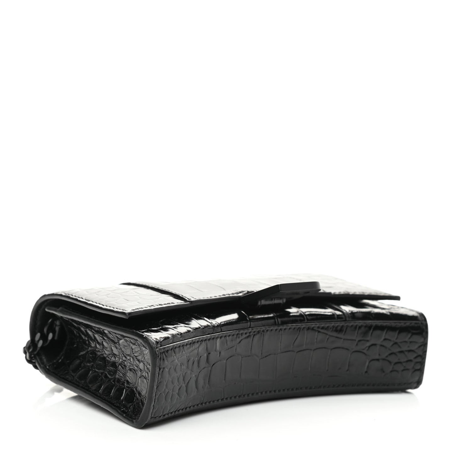 Shiny Calfskin Monochrome Crocodile Embossed Hourglass Chain Bag Black