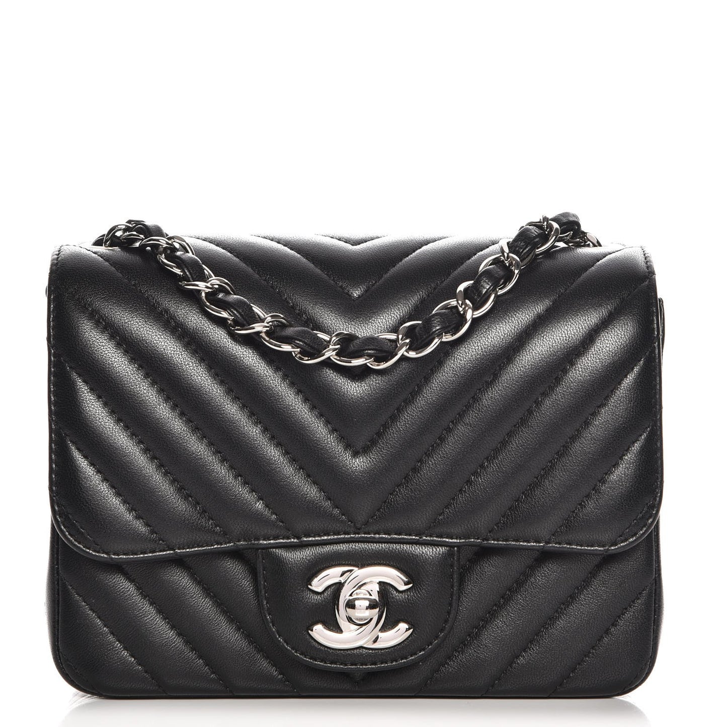 Lambskin Chevron Quilted Mini Square Flap Black