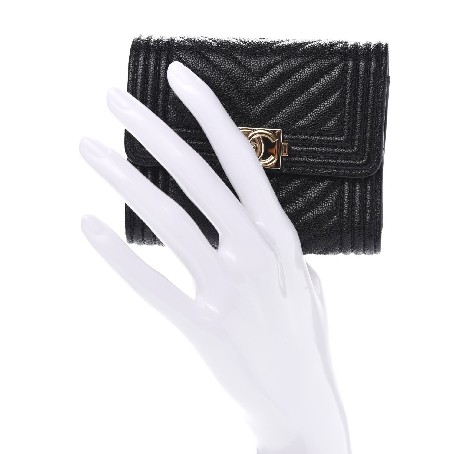 Chanel Caviar Chevron Quilted Boy Compact Wallet Black 2 of 9