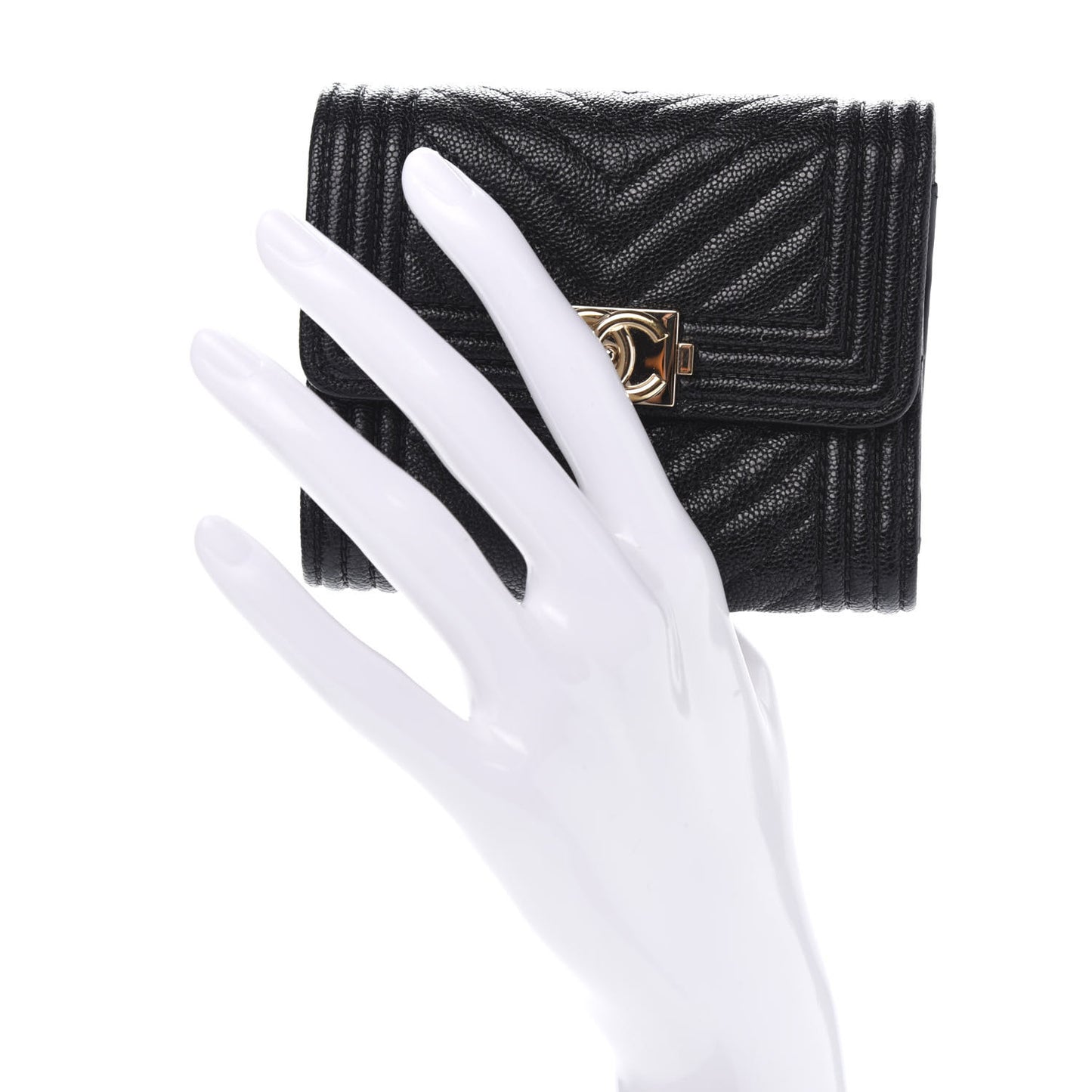 Caviar Chevron Quilted Boy Compact Wallet Black