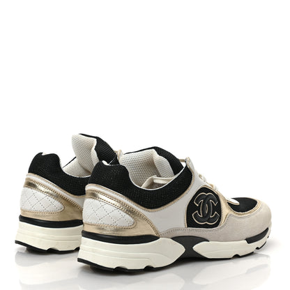 Chanel Mesh Suede Calfskin Womens CC Sneakers 39 White Black Beige Gold 4 of 8